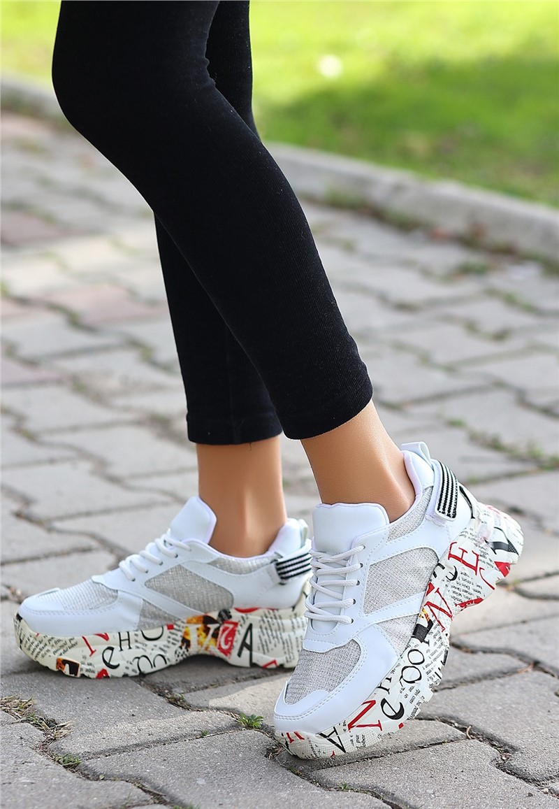 Women's Lace Up Sports Shoes - White with Light Gray #366624