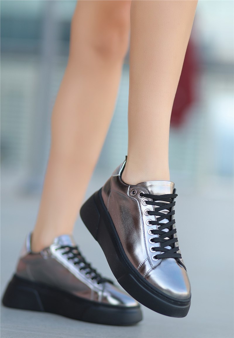 Women's Patent Leather Lace Up Shoes - Platinum Color #412949