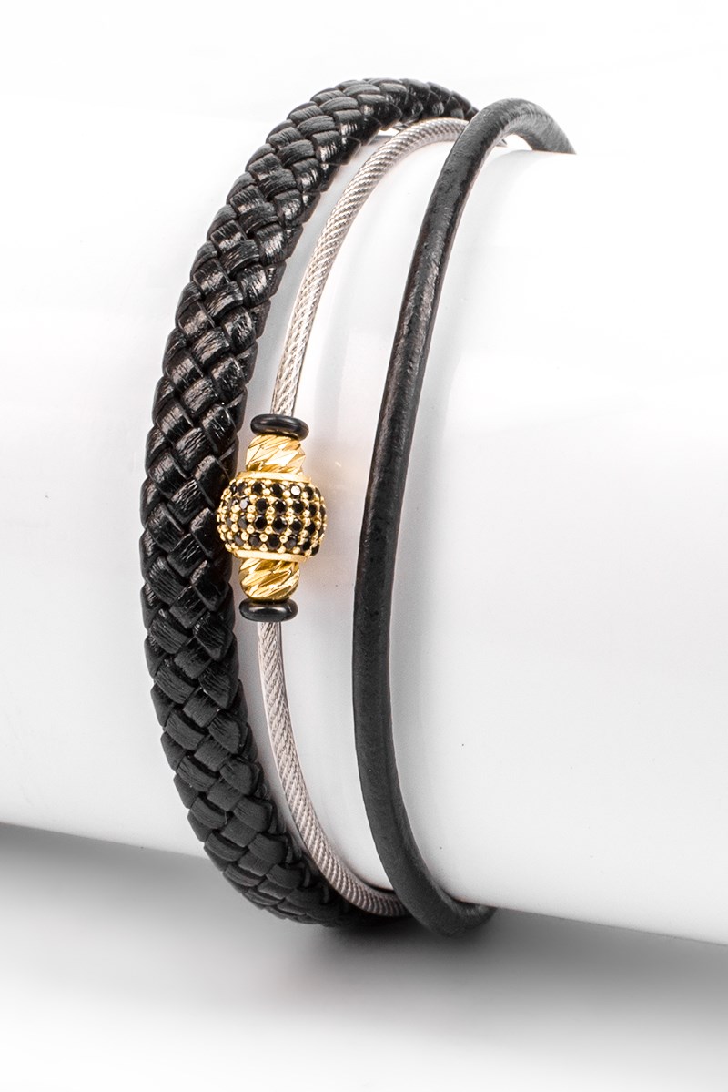 Herren-Armbandset aus echtem Leder und Zierperlen – Schwarz 20230901019
