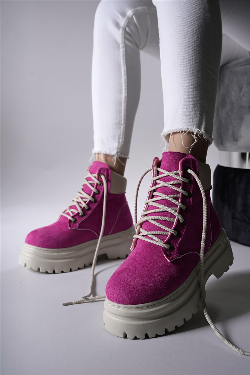 Women's Lace Up Suede Boots 00121601 - Hot Pink #404347