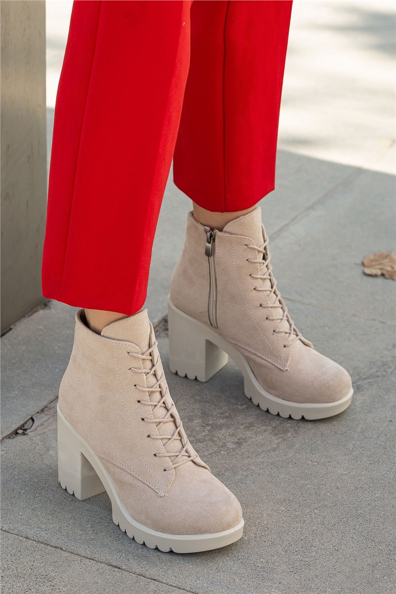 Women's Suede Lace Up High Heel Boots - Beige #363860
