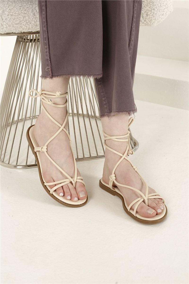 Дамски сандали с връзки - Крем #327950