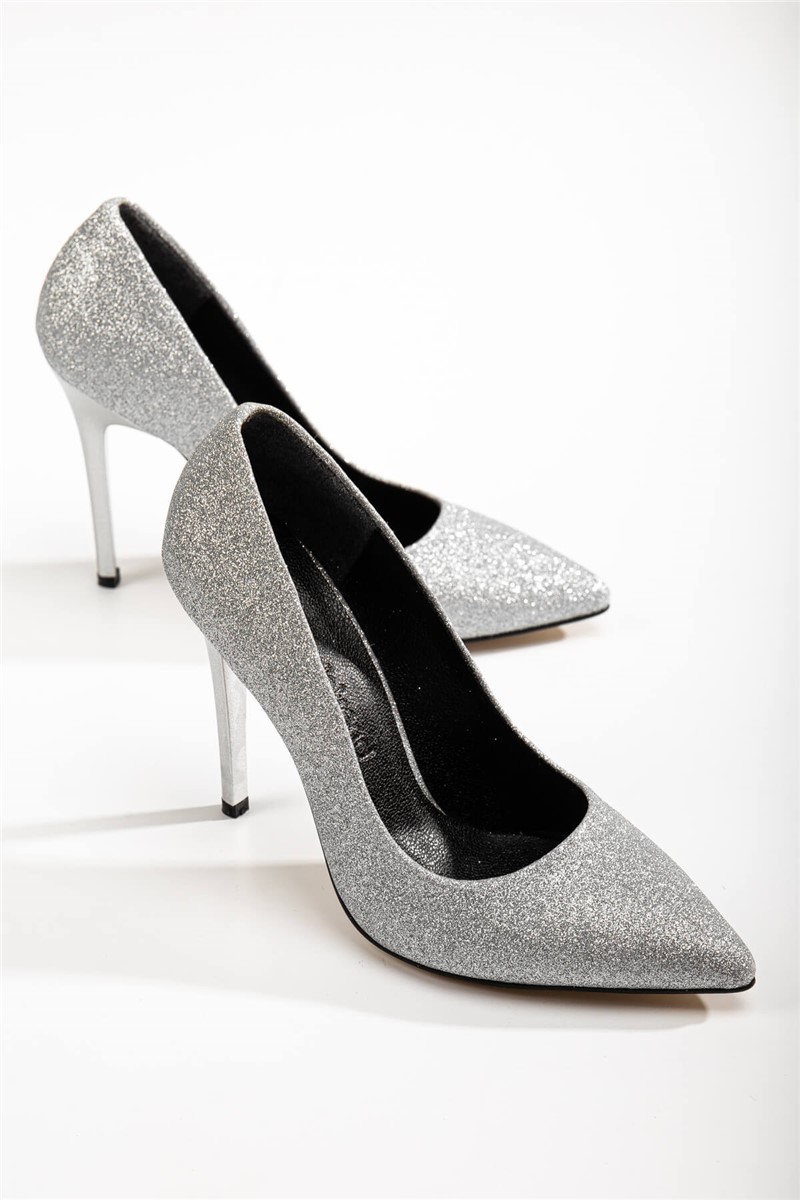 Ženske elegantne cipele na visoku petu i brokat - srebro #365449