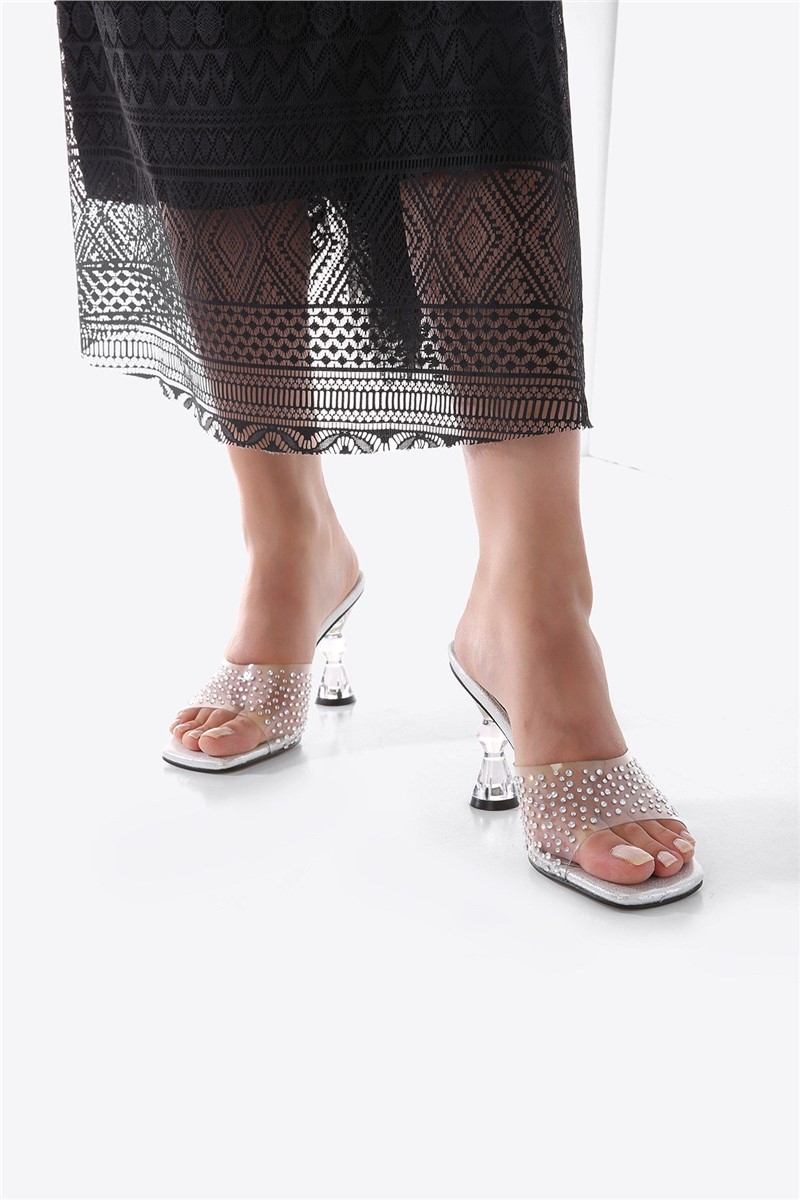 Women's elegant heeled slippers - Silver #333785