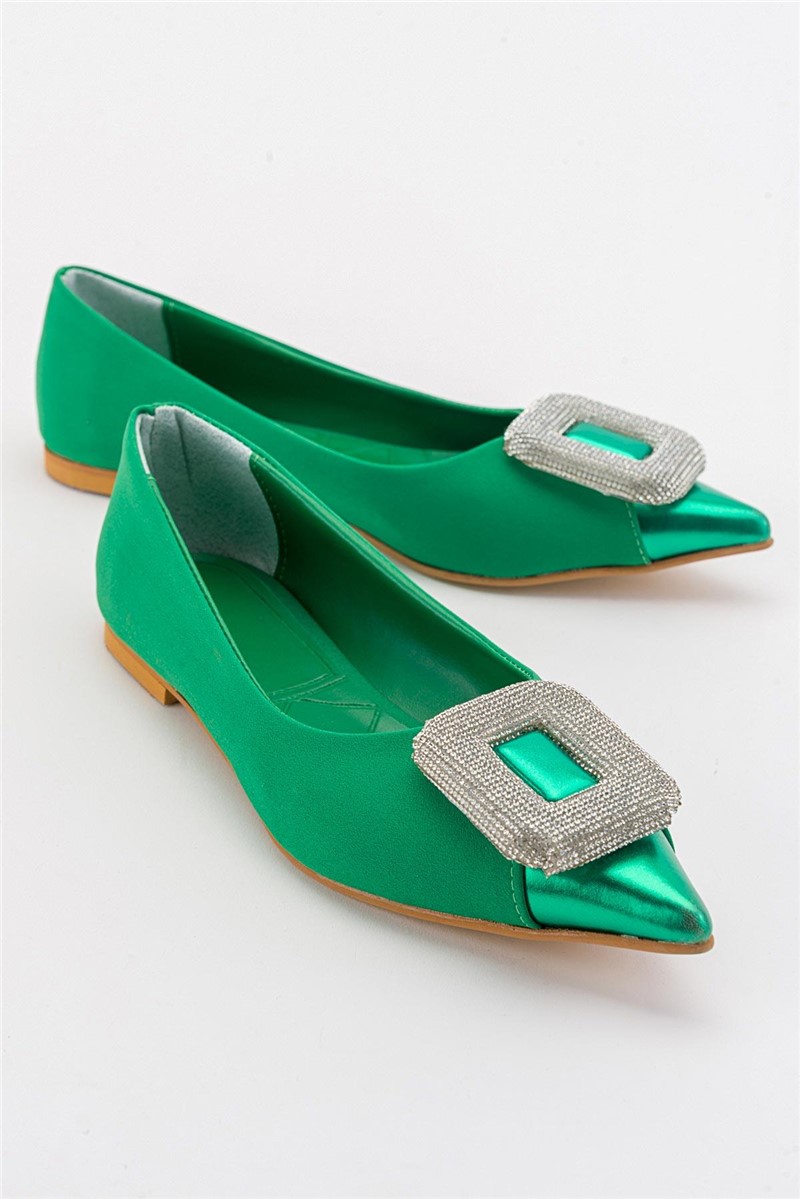 Women's ballerina flats with decorative bow - Green #381797