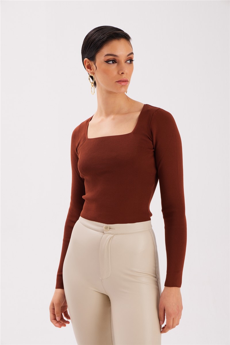 Women's Square Neck Knitted Blouse - Brown #363475