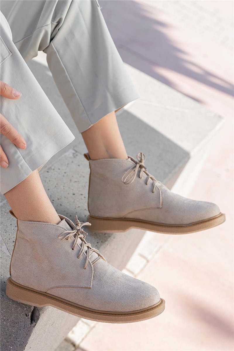 Women's Lace Up Suede Boots - Beige #363882