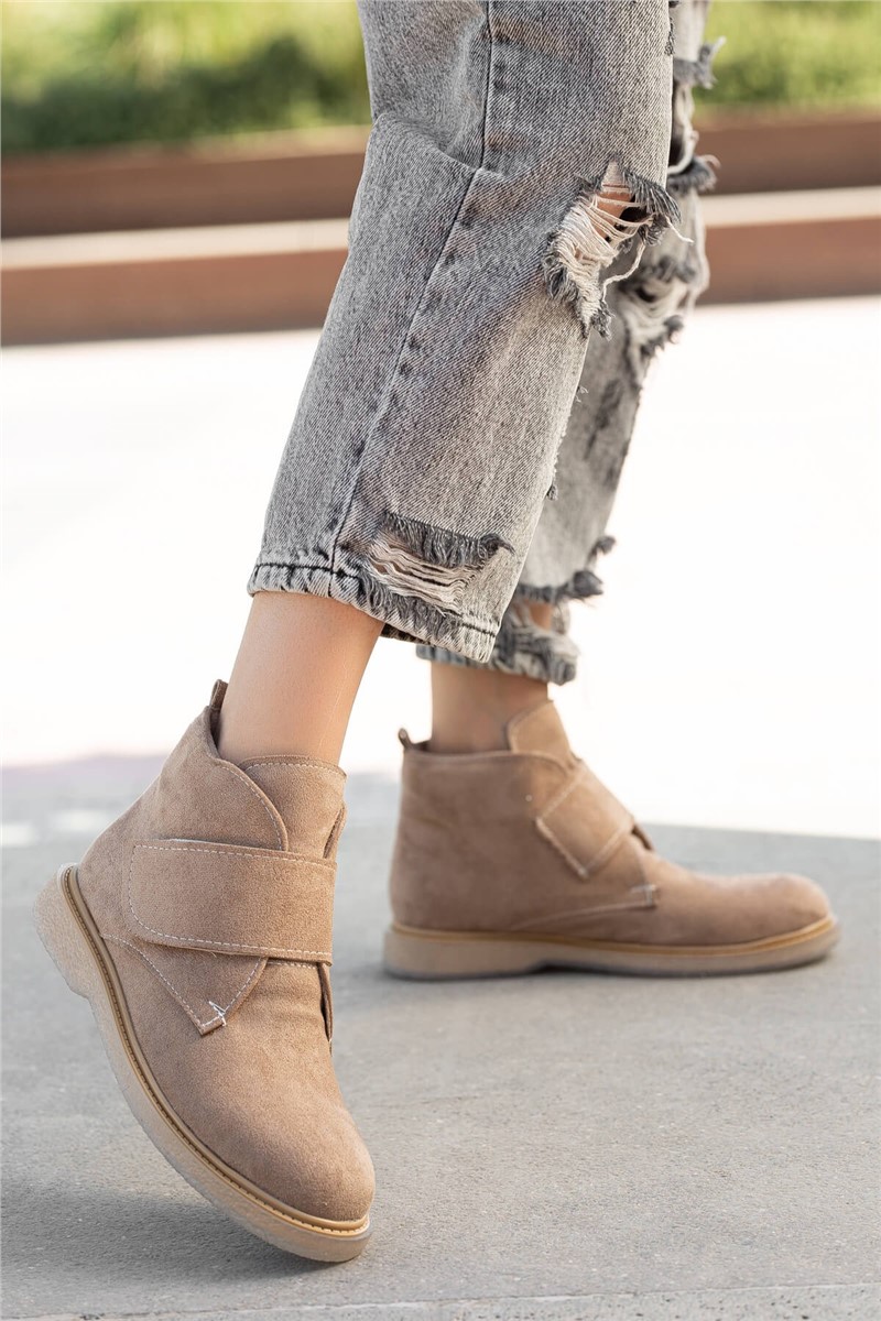 Women's Suede Velcro Boots - Beige #363868