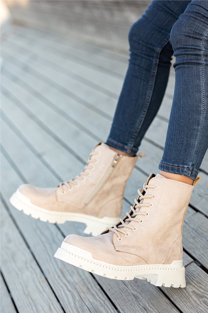 Women's Lace Up Suede Boots - Beige #358757