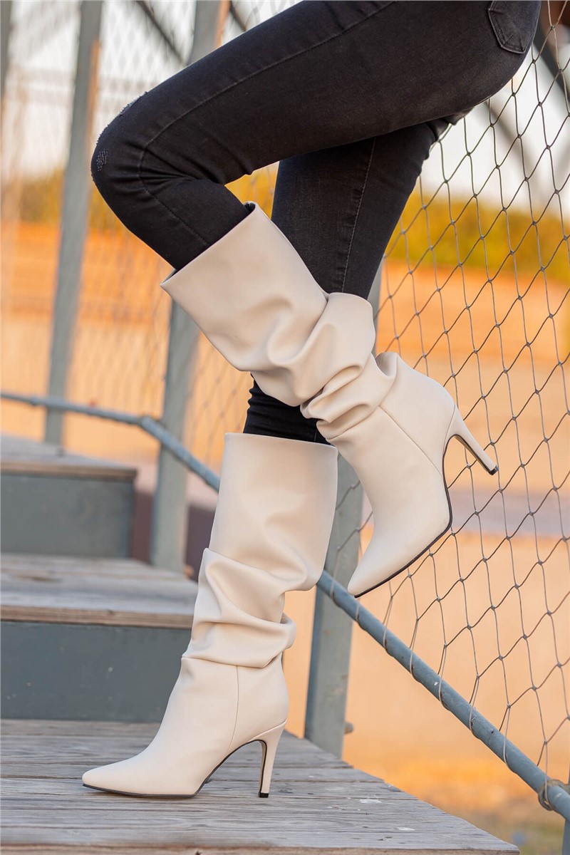 Women's Slim Heel Boots - Beige #361986