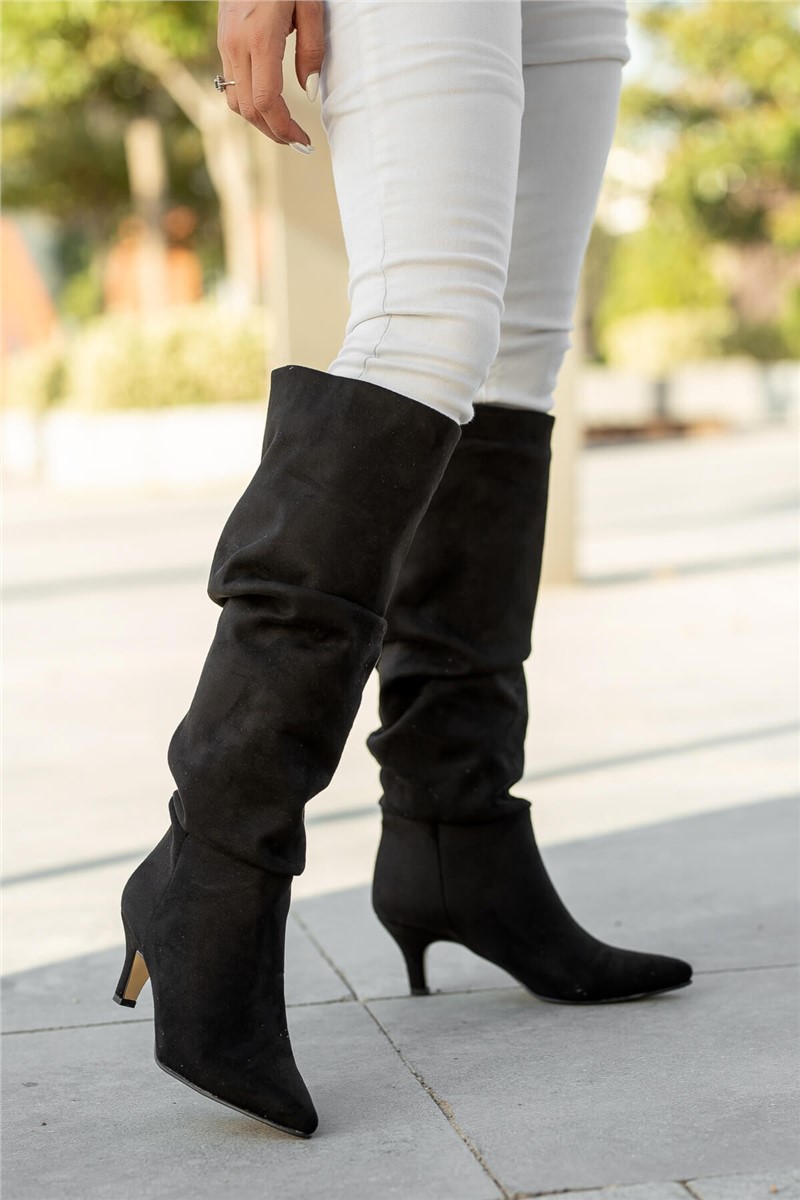 Women's Suede Heeled Boots - Black #362394