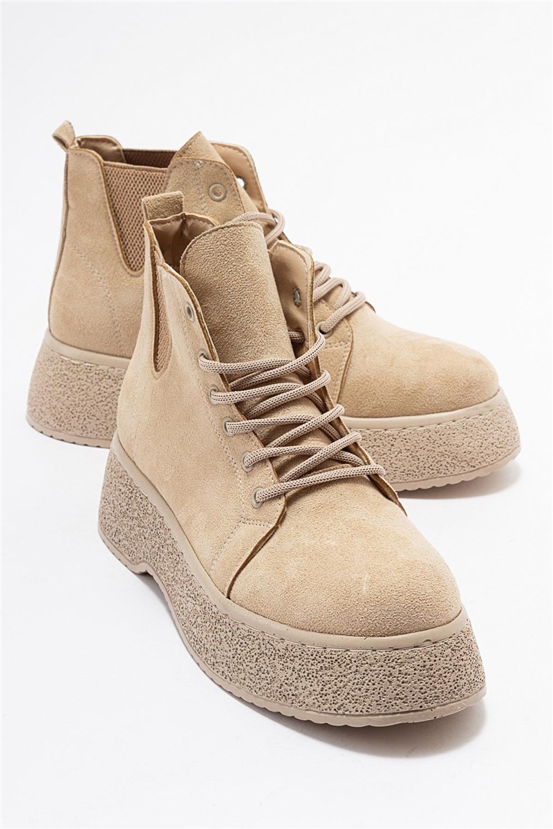 Women's Lace Up Suede Boots - Beige #403705