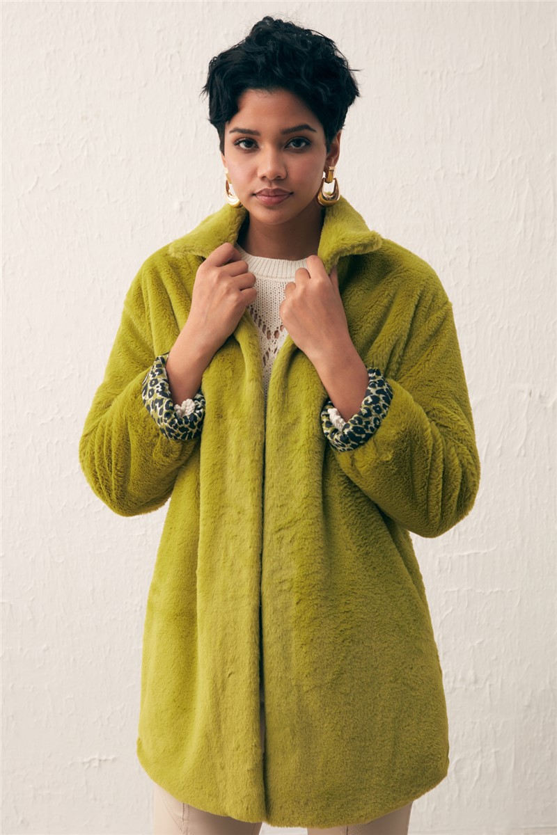 Women's Leopard Print Plush Coat - Oil Green #365829