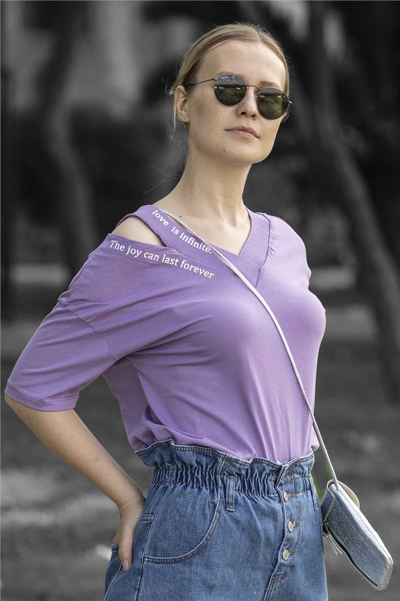 Mad Girls Purple Shoulder Detailed V-neck T-shirt MG397 #288588