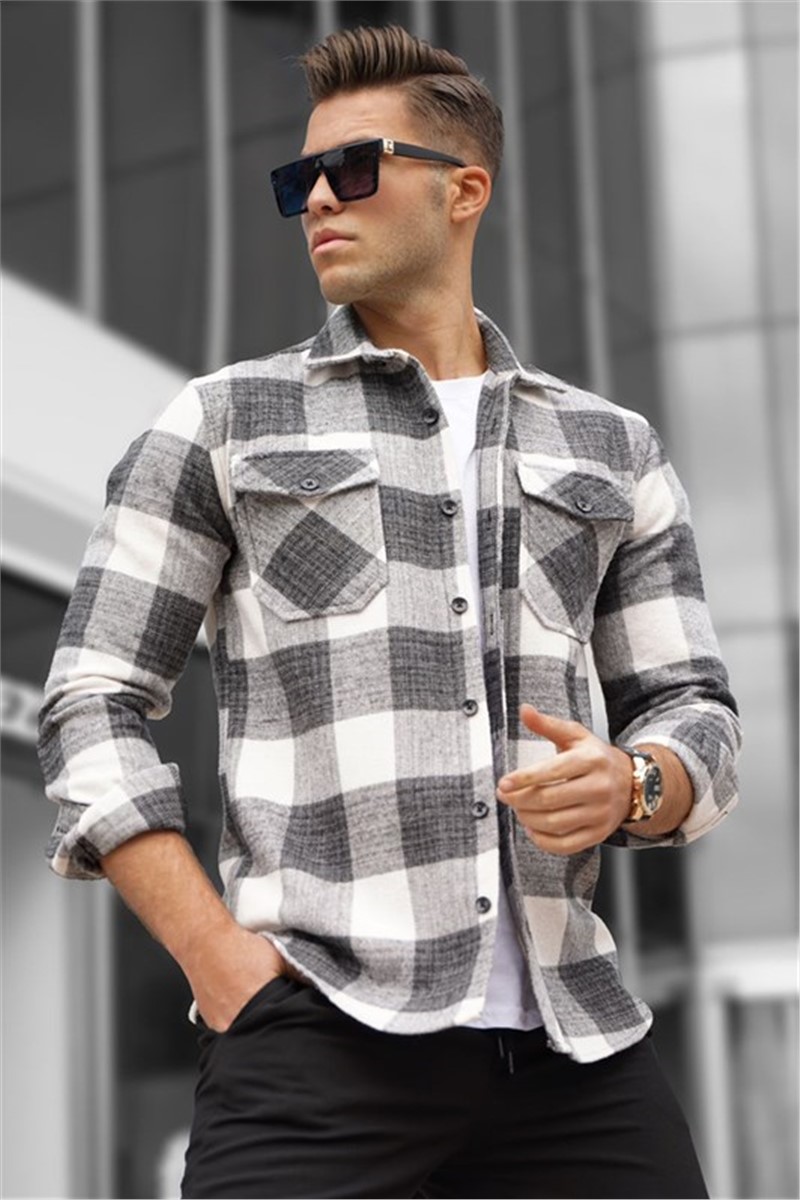 Camisa Xadrez Masculina 5520 - Cinza-Branca #319806
