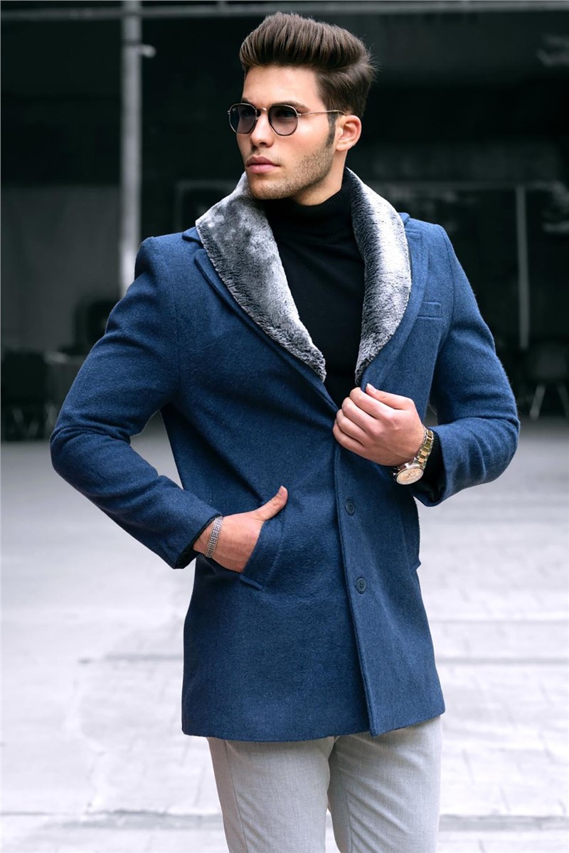Madmext Men's Fur Overcoat - Blue #290289