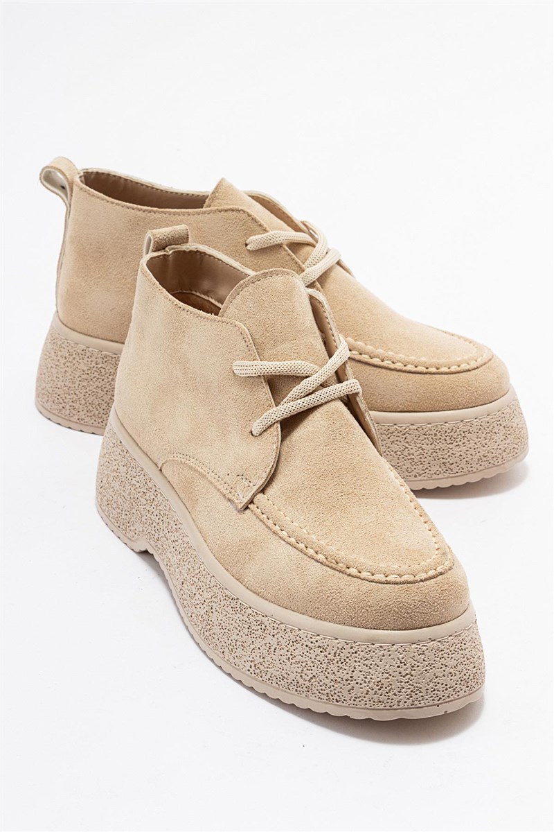 Women's Lace Up Suede Boots - Beige #403708