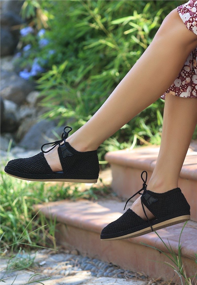 Women's Lace Up Knitted Ballerina Shoes - Black #366896