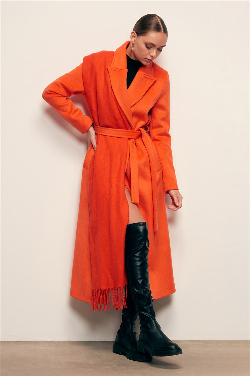 Women's Belted Long Coat - Orange #407821