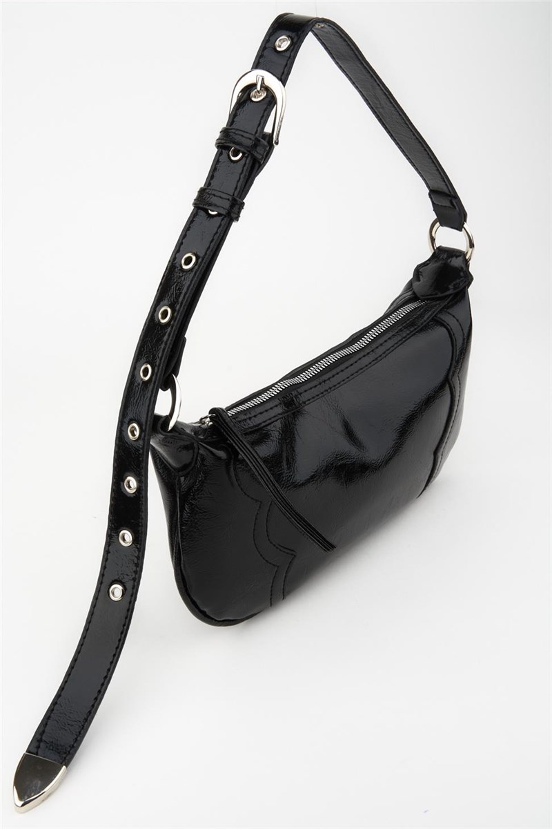 Borsa da donna in pelle verniciata con manico regolabile - Nera #410218