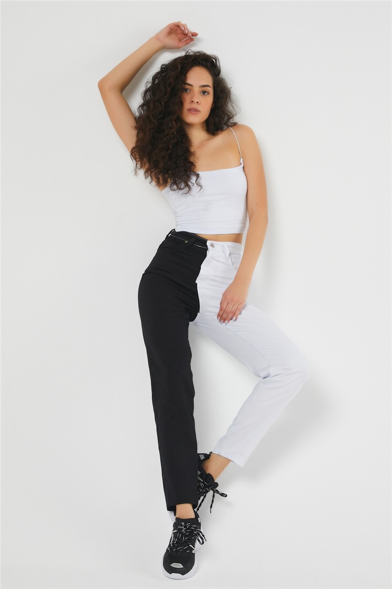 Pantaloni da donna in lino bicolore - Bianco e nero #308485