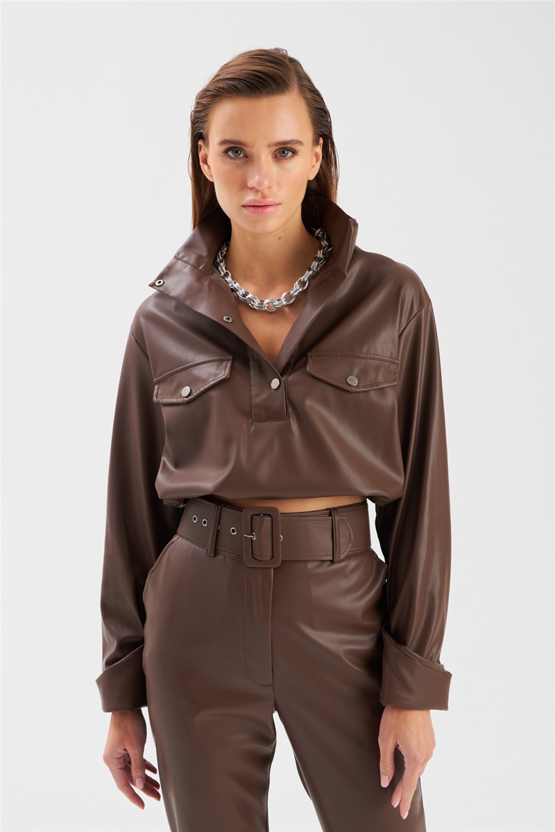 Women's High Collar Leather Blouse - Dark Brown #363415