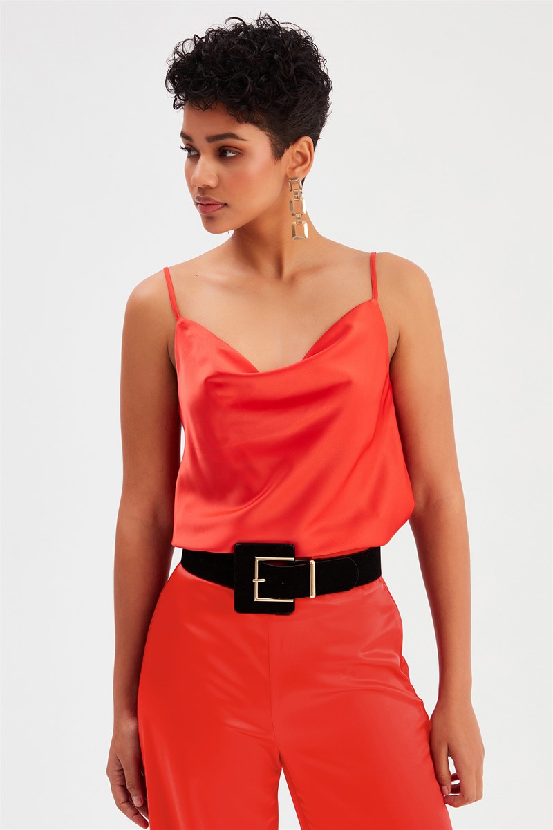 Women's Satin Strappy Blouse - Coral Color #364478