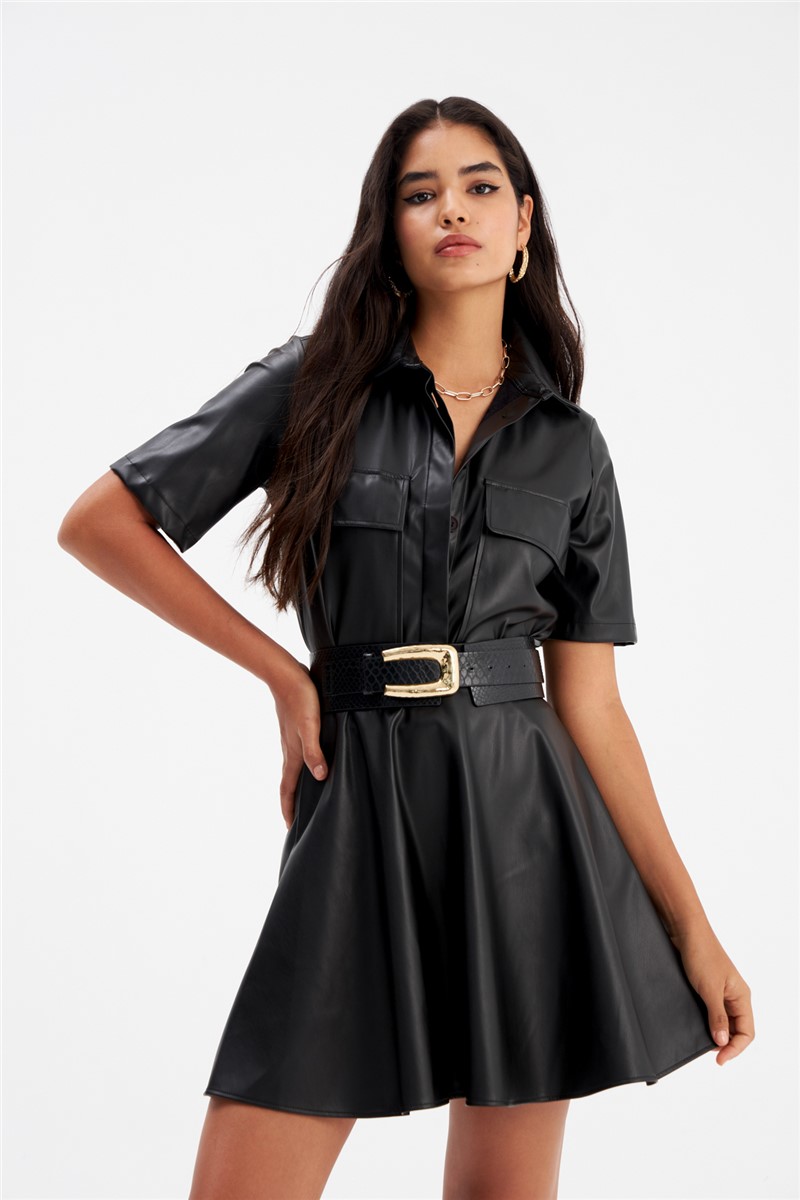 Women's Leather Pocket Shirt - Black #361268