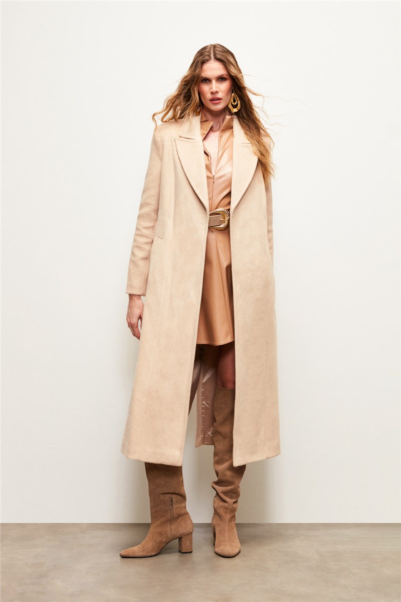 Cappotto lungo da donna con cintura - Beige #404036