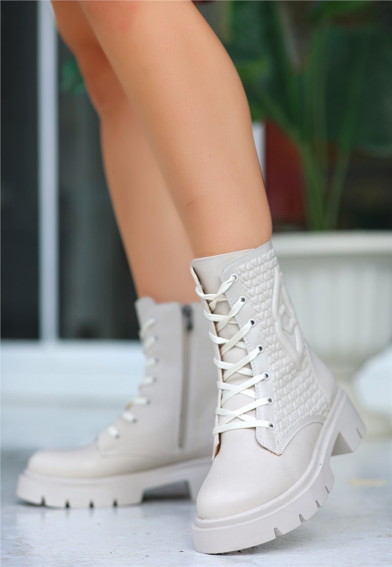 Women's Lace Up Zip Up Boots - Light Beige #411196