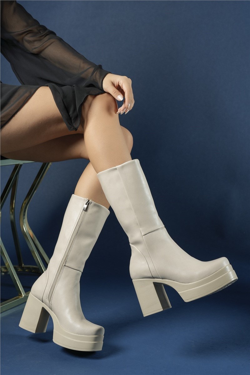 Women's Platform High Heel Boots 0012690 - Light Beige #361692