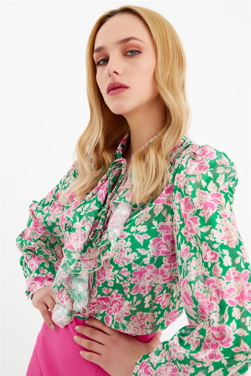 Women's blouse with ruffles - Green-Pink #329187