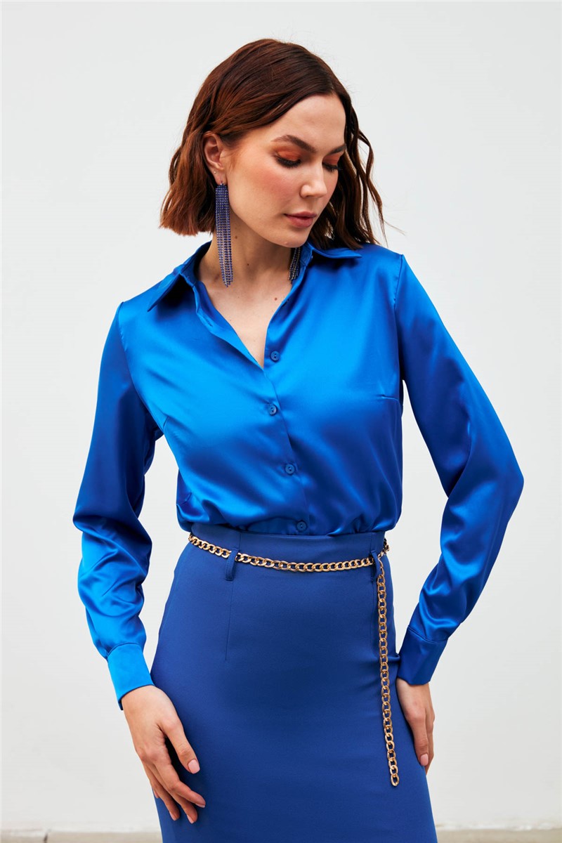 Women's Satin Blouse with Collar - Bright Blue #370477