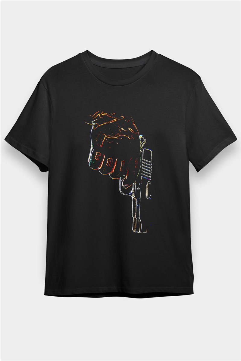 T-shirt nera unisex stampata con pistola a mano # 375154