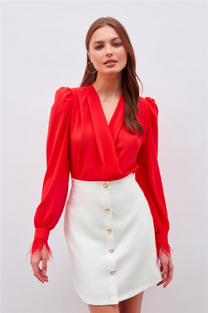 Women's blouse-bodysuit with spectacular cuffs - Color Coral #370546