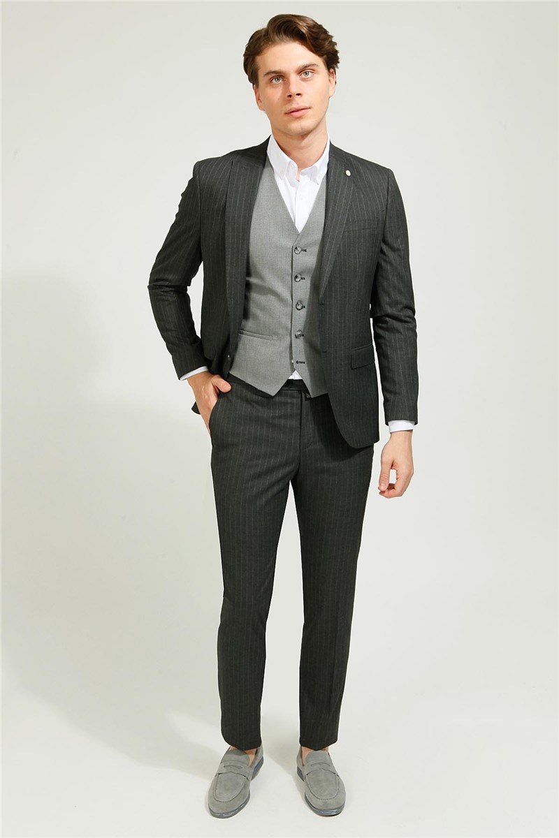 Men's Slim Fit Suit with Waistcoat - Dark Gray #363564