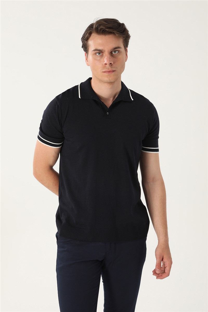 Slim Fit Men's T-Shirt with Collar - Black #357595
