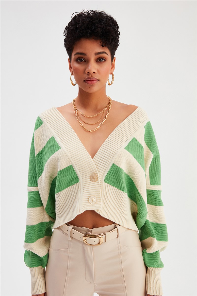 Women's Wide Stripe Cardigan - Beige-Green #364546
