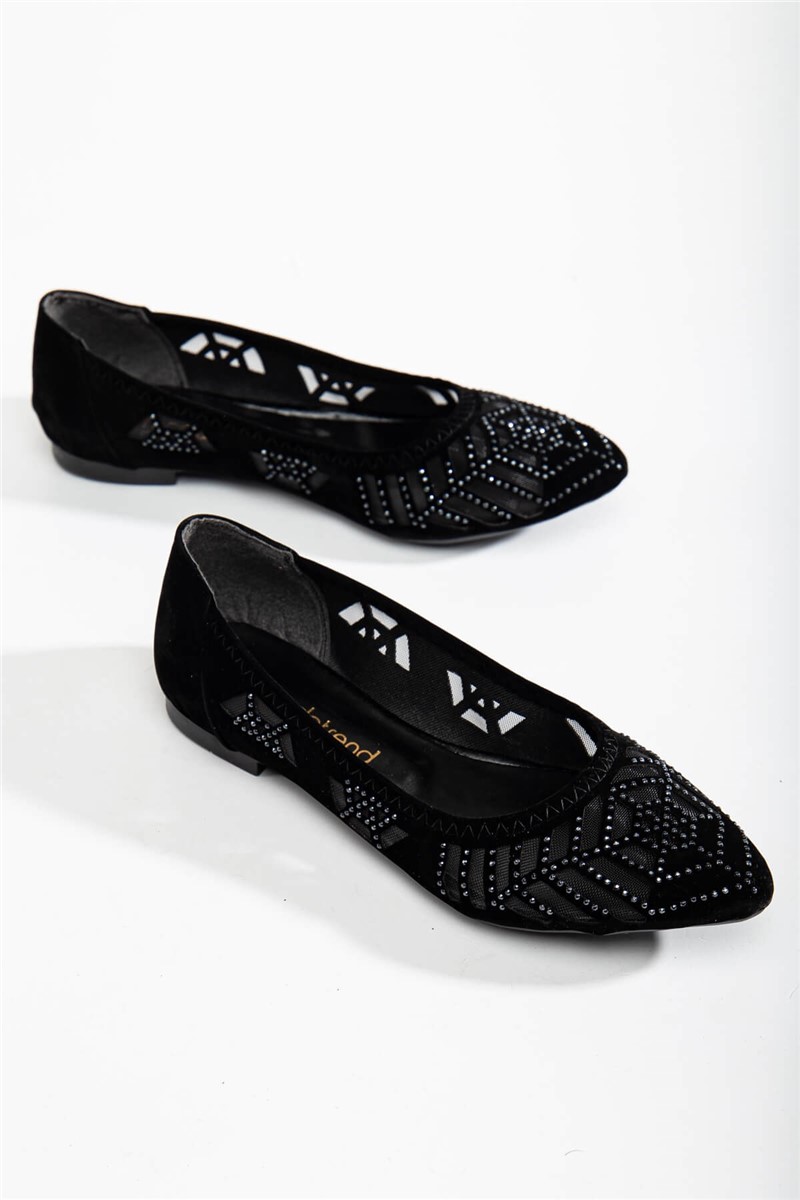 Women's Suede Rhinestone Ballerina Shoes - Black #366132