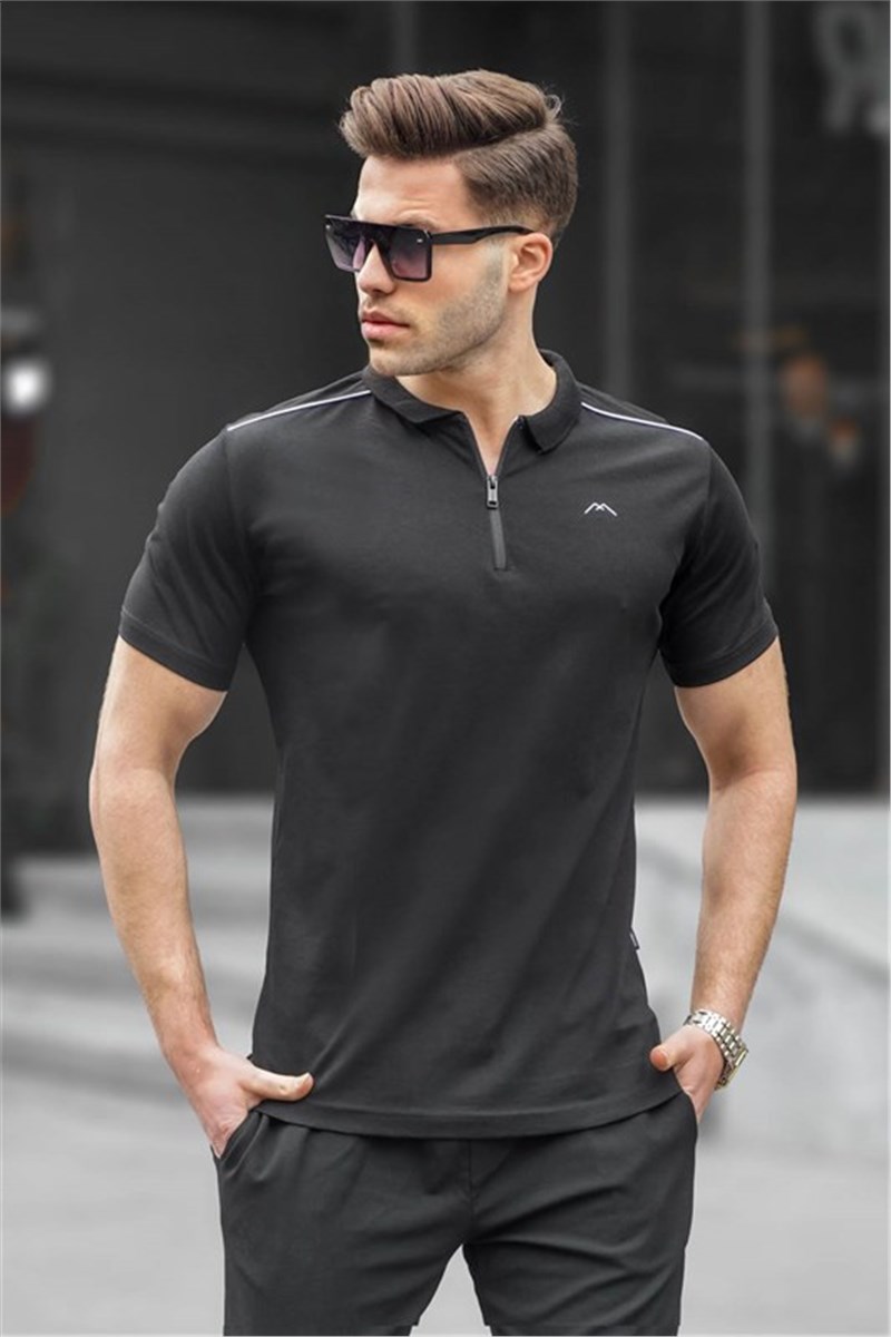 Men's Zip Up Collar T-Shirt 6076 - Black #394533