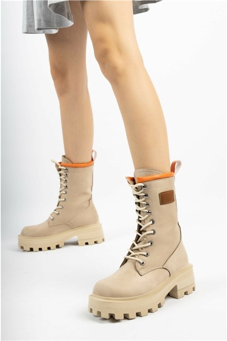 Women's Lace Up Boots EM2391 - Beige #360823