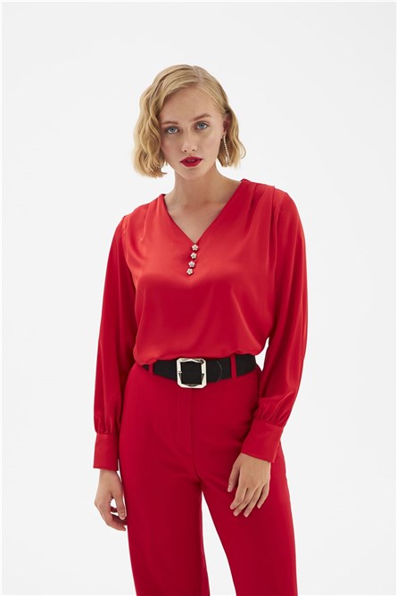 Women's Satin Blouse - Red #334197