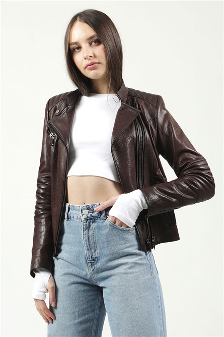 Women's Real Leather Jacket - Brown #317770
