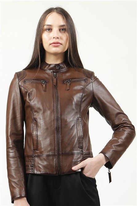Ženska jakna od prave koža YB-2143 - Smeđa 317972