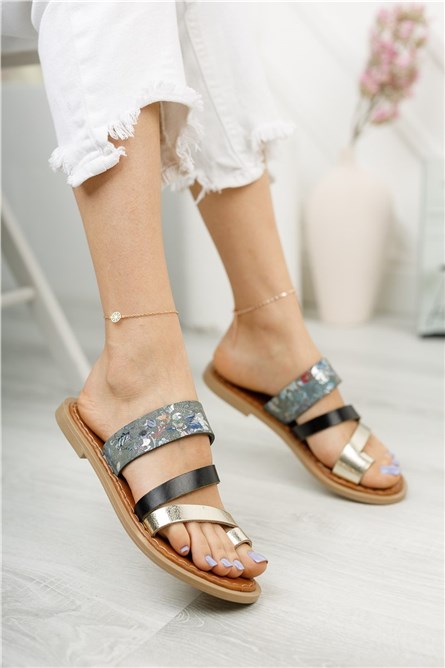 Ciabatte Donna in vera pelle 0012081 - Nero con Grigio #325870