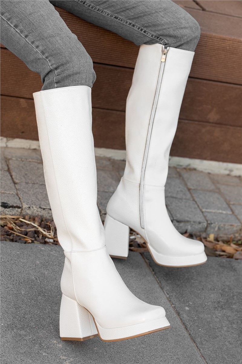 Women's Wide Heel Platform Boots - White #363818