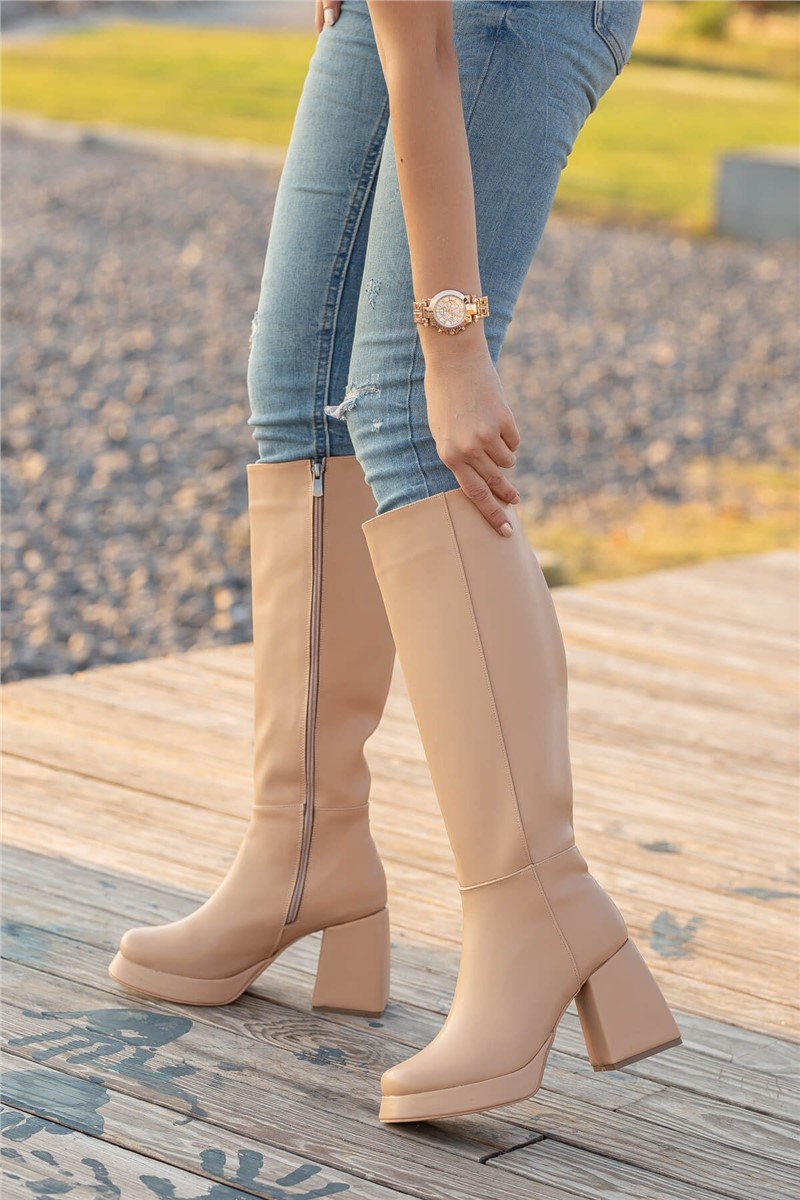 Women's Wide Heel Zip Up Boots - Beige #362004