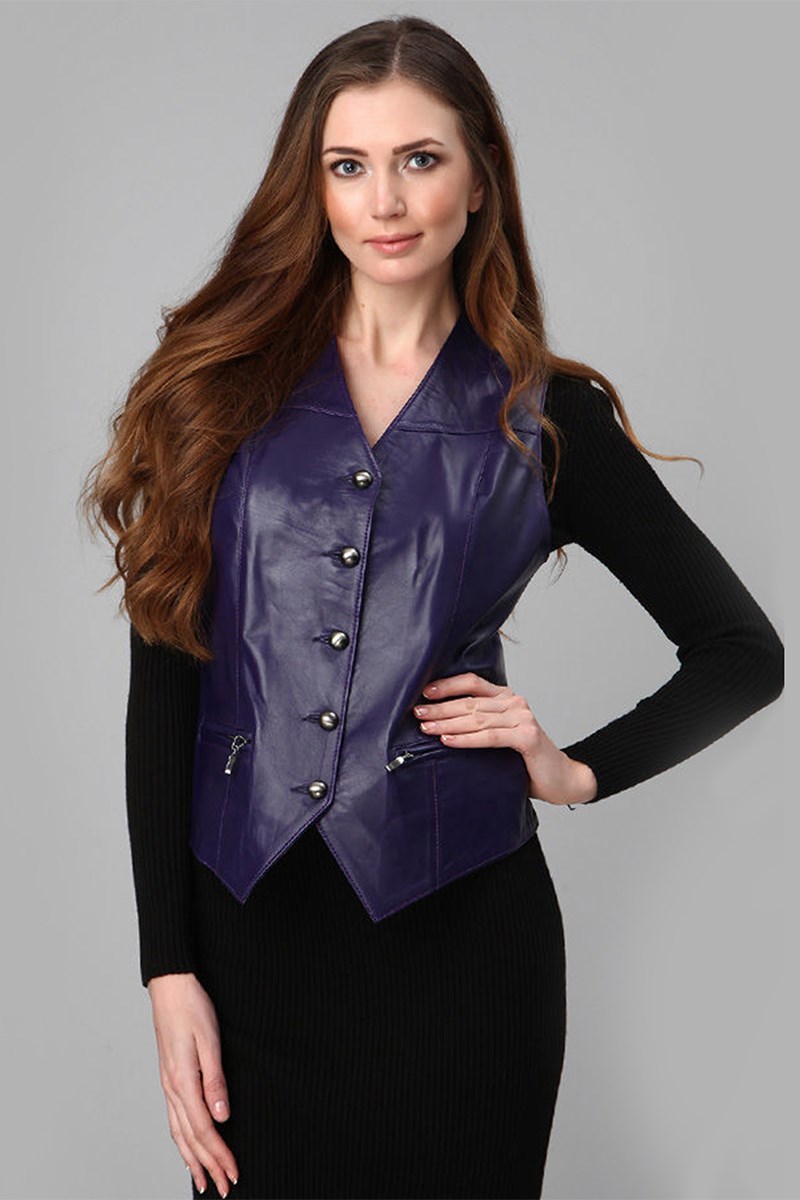 Colete Feminino de Couro Genuíno 001 - Azul Escuro #386508