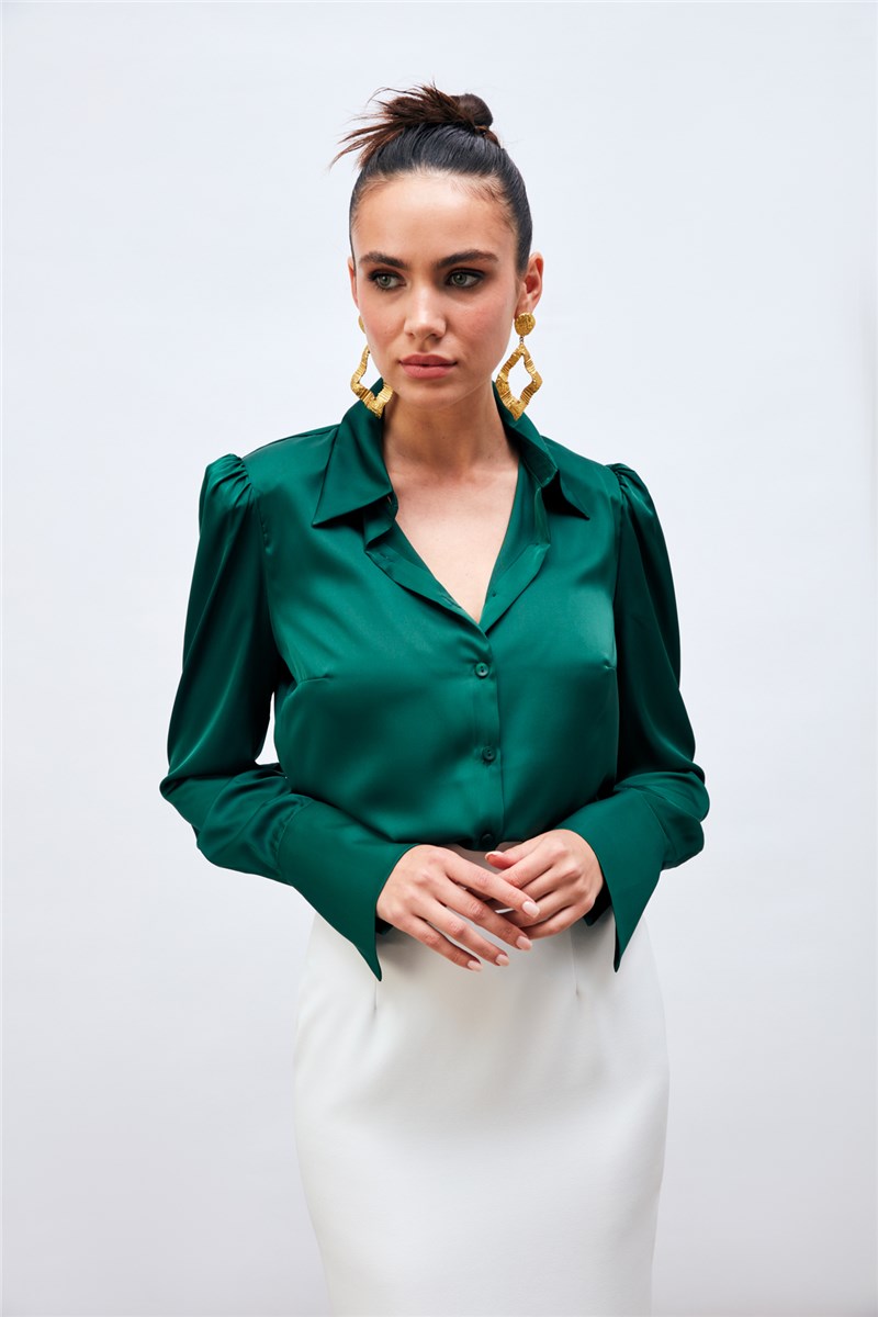 Camicia imbottita in raso da donna - Verde scuro #384018
