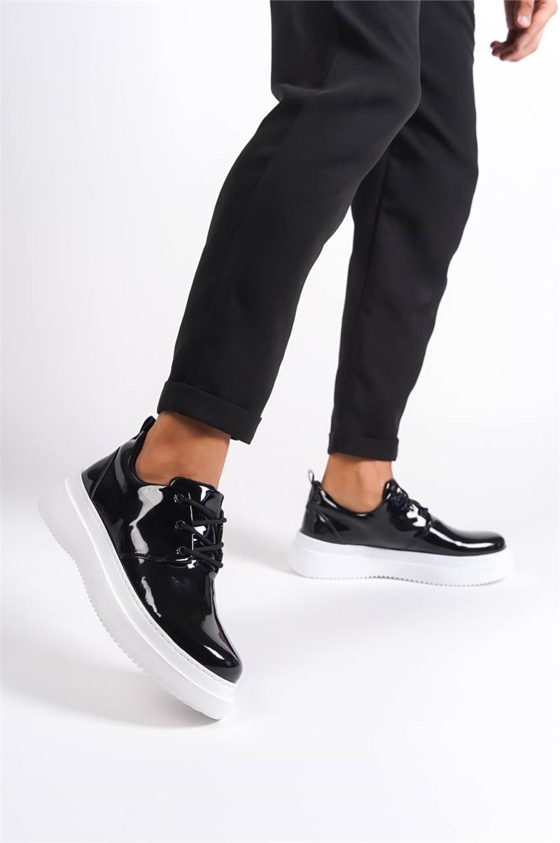 Men's Patent Leather Casual Lace Up Shoes KB-X3 - Black with White #411052